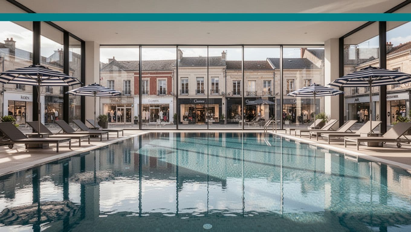 Hotel swimming pool deck with lounge chairs and umbrellas beside large windows showing Bridge Street Town Centre shops, bathed in sunny afternoon light with focus on pool water reflections in a clean modern photorealistic style. Top green banner features 'Relax Pools' text centered.