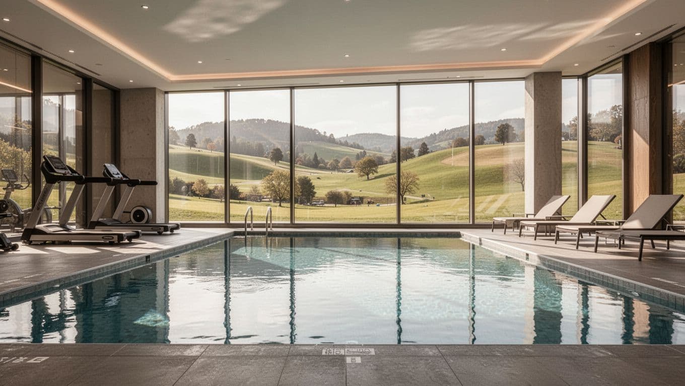 Clean modern indoor hotel pool and fitness area with large windows overlooking park hills, lounge chairs, and treadmill in bright daylight; photorealistic empty landscape with 'Amenities' editorial headline.