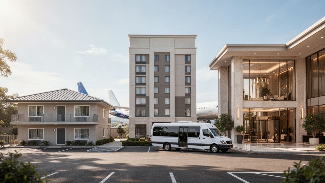 Side-by-side comparison chart featuring icons of a budget motel, mid-range building, and upscale lobby with an airport shuttle in the background, under bright daylight. Bold 'Hotel Comparison' headline on a green color band at the top, landscape aspect ratio, simple icons, no people or extra text.