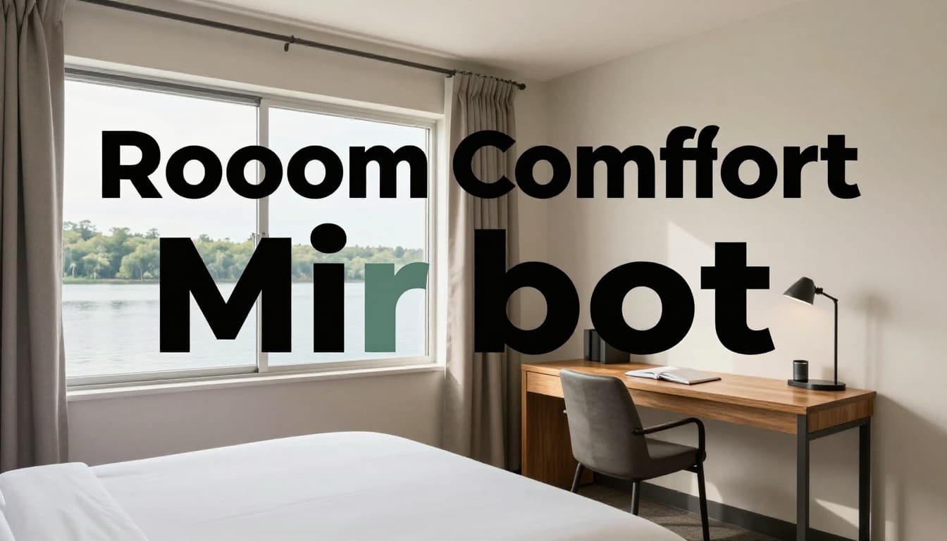 Clean hotel room interior with king bed, wooden desk, and large window overlooking a lake in neutral tones. Features a bold green header band with 'Room Comfort' headline and soft natural lighting.