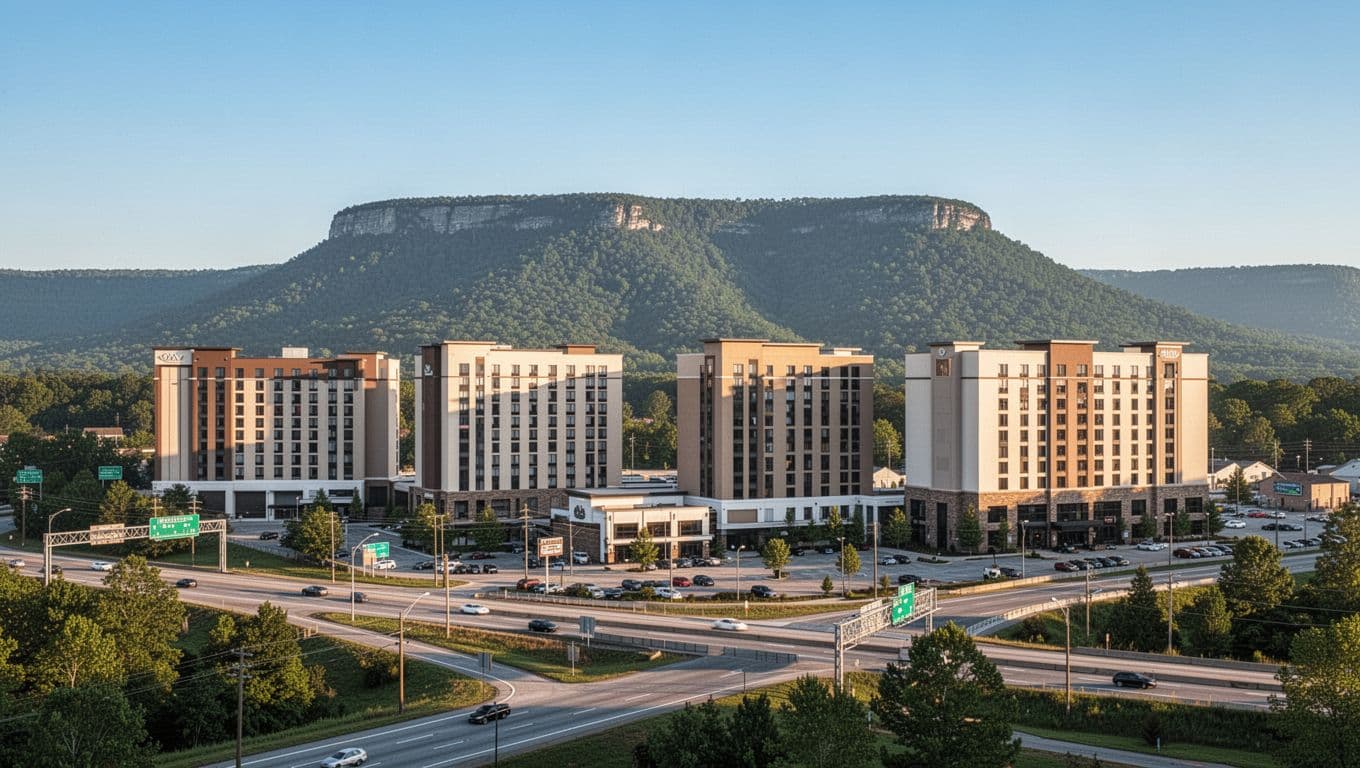 Modern hotels clustered near I-59 exit in Fort Payne with Lookout Mountain background under sunny skies, green top band with 'Nearby Hotels' headline.