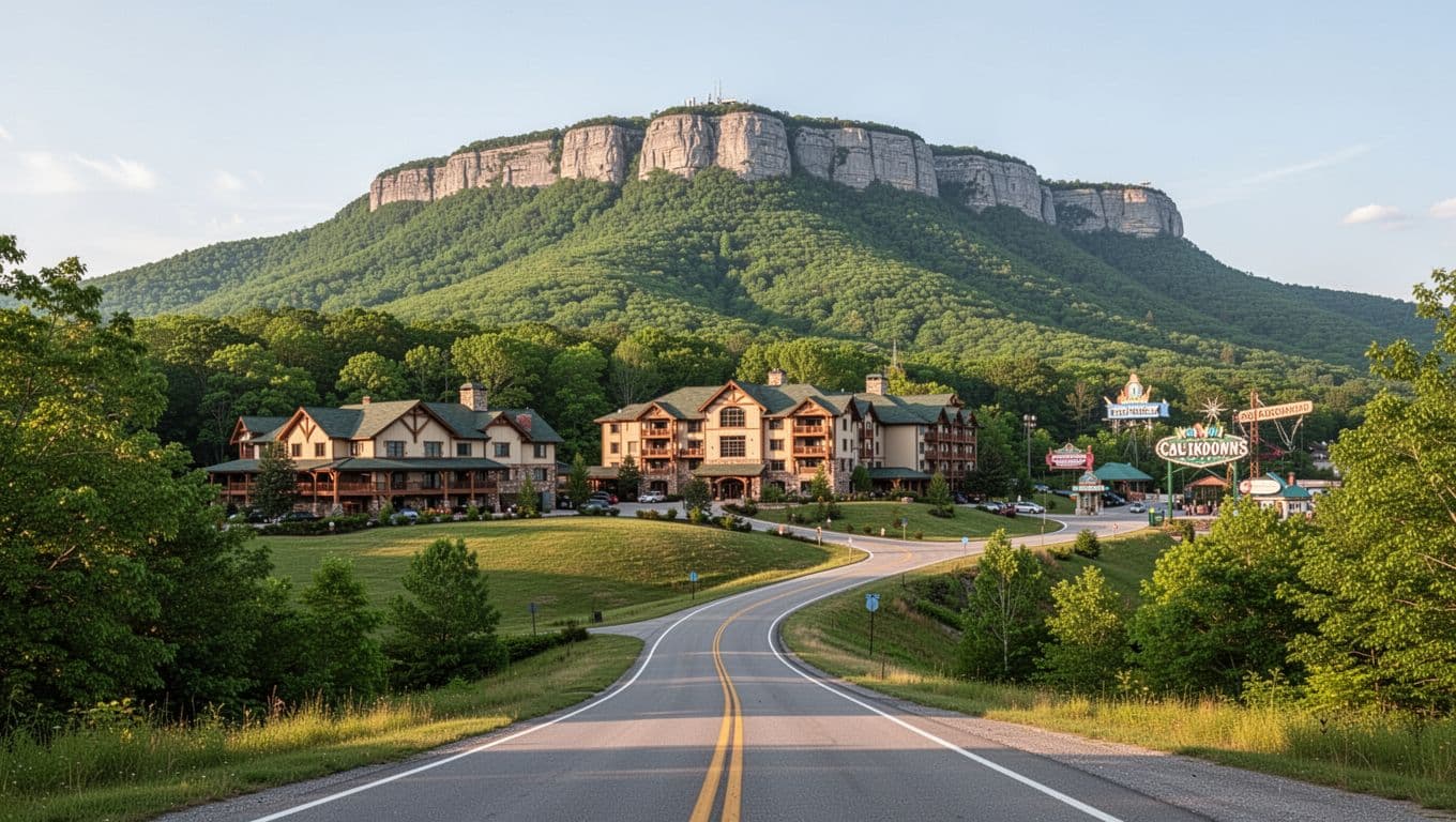 Scenic wide-angle view of cozy hotels nestled in green hills on Lookout Mountain near Ruby Falls in Chattanooga, with a bold 'Hotel Picks' headline on a green band at the top.