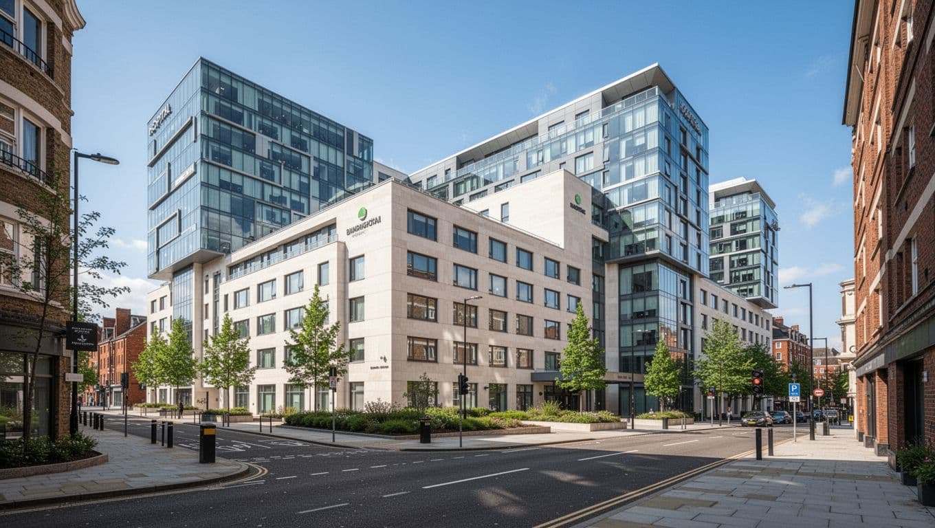 Realistic wide-angle photo of UAB Hospital exterior in Birmingham urban setting with nearby hotels visible under clear sky, featuring bold 'HOTELS NEAR UAB' headline in green band at top.