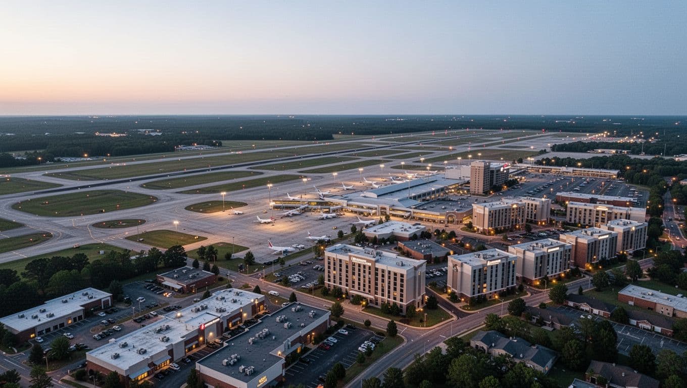 Aerial view of Huntsville International Airport at dusk, showing runways, terminal, and nearby hotels in Madison area with glowing lights and warm evening lighting.