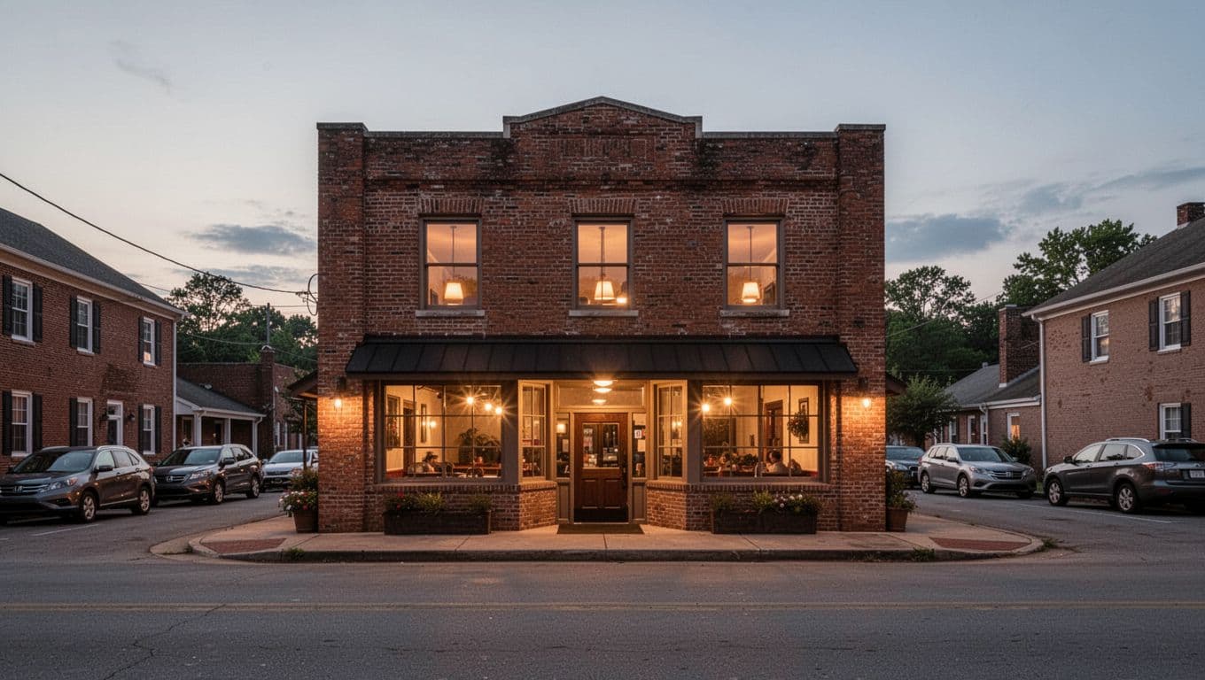 Brick restaurant exterior at dusk with sign, inviting entrance, parked cars, warm window lights, and top 'Top Pick' banner.