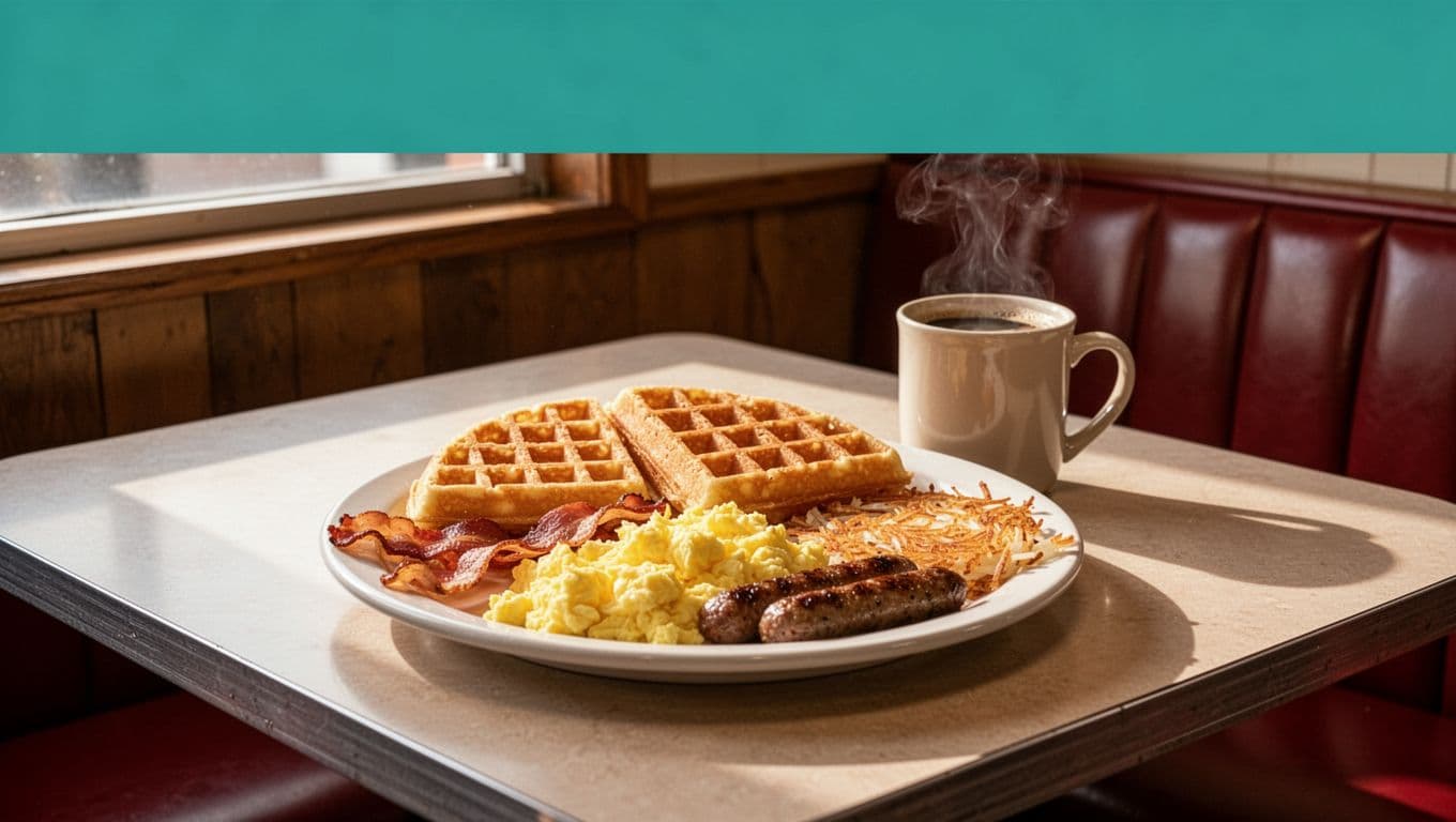 Cozy diner booth with plate of waffles, scrambled eggs, bacon, sausage, hashbrowns, coffee mug in morning light, green top band with Huddle House text.