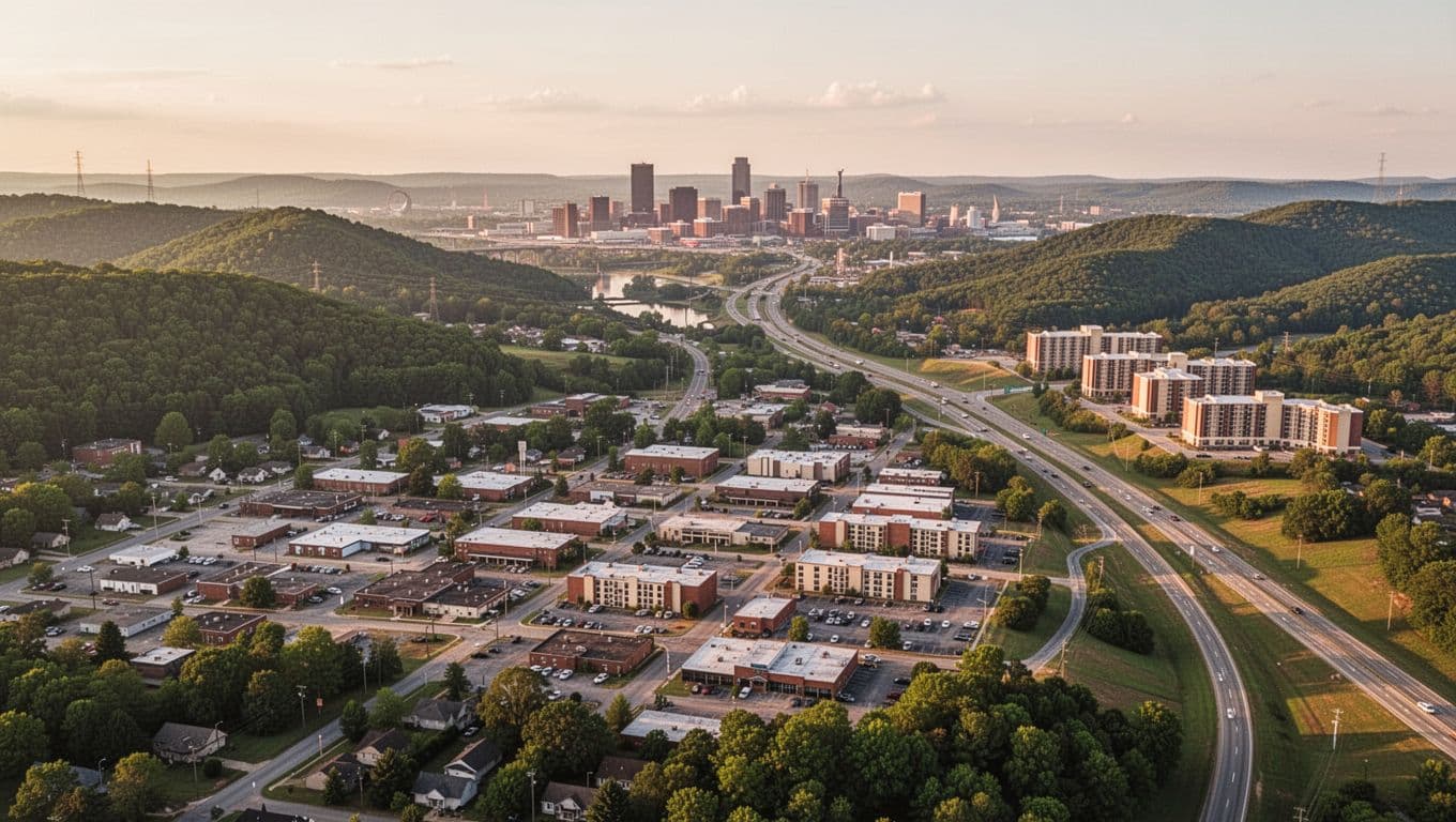 Aerial view of Hueytown, Alabama in Jefferson County, showcasing green hills, nearby Bessemer cityscape, and hotel clusters along the highway under warm afternoon sunlight in realistic photographic style with a bold 'Hueytown Stays' headline band at the top.