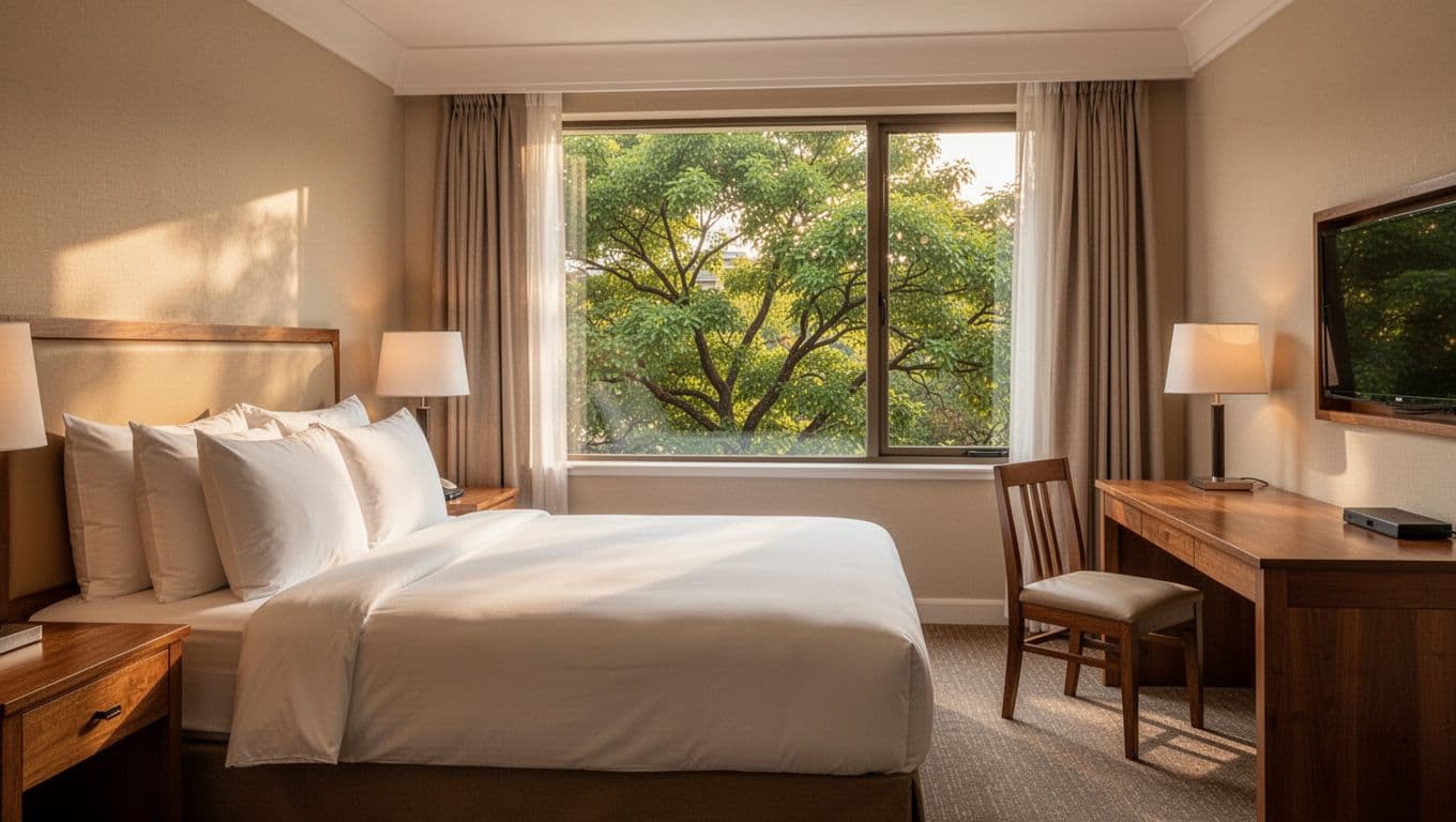 Interior of a clean mid-range hotel room near Hueytown, Alabama, with queen bed, pillows, wooden desk, chair, large window showing green trees, neutral decor, lamp on nightstand, and warm natural daylight. Features bold 'Mid-Range Options' headline in green band.