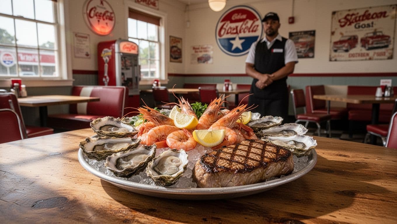 Fresh seafood platter with oysters, shrimp, and steaks centered on a casual wooden dining table in the historic gas station setting of Hunt's Seafood Restaurant & Oyster Bar in Dothan, Alabama, under a bold green 'SEAFOOD FAVORITE' headline band with warm natural lighting and one server in the background.