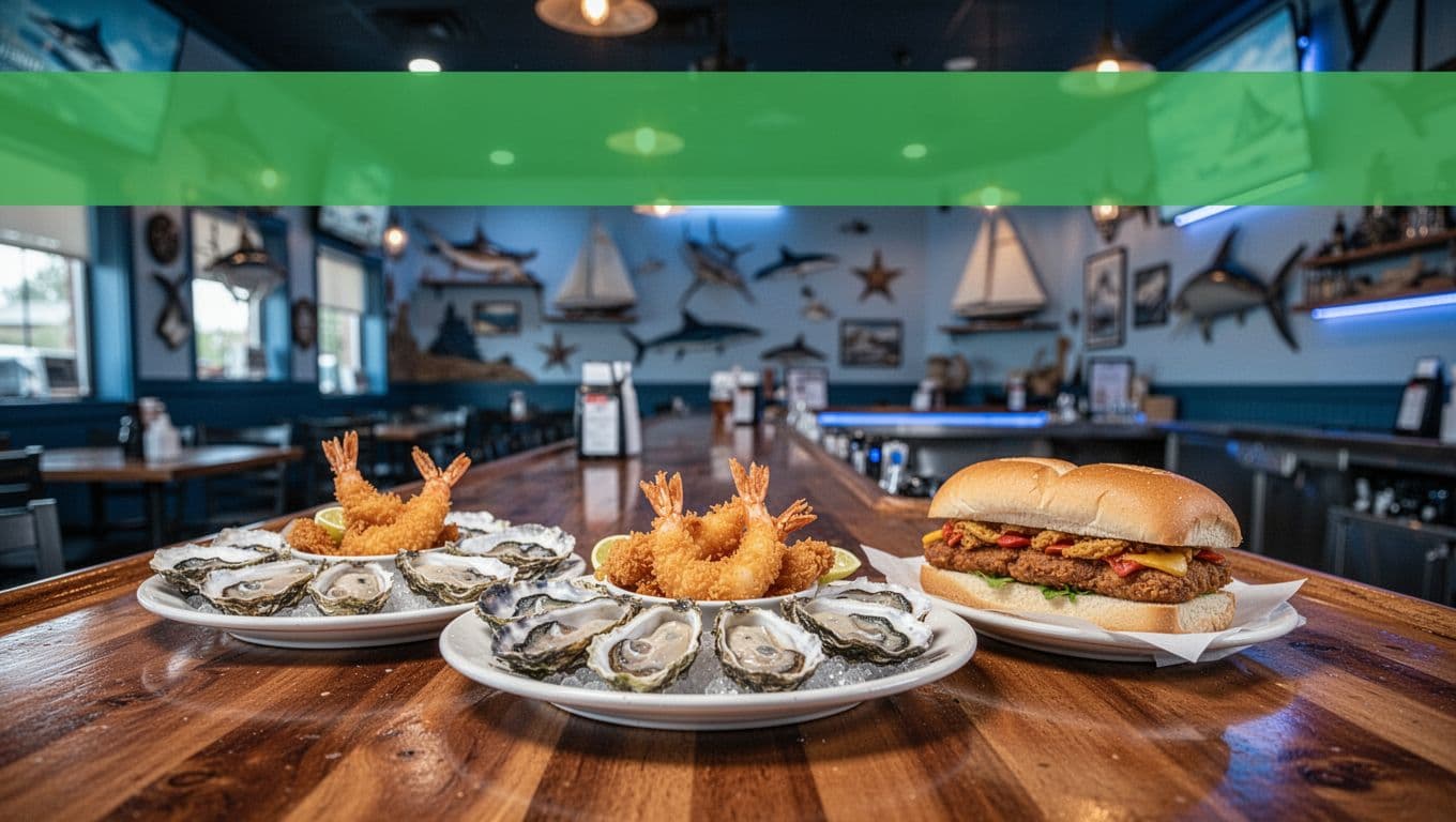 Casual oyster bar interior in Dothan, Alabama, with wooden bar counter centered featuring fresh oysters, fried shrimp platter, and po'boy sandwich. Nautical decor in blurred background, cool blue tones with warm accents, welcoming vibe, no people.