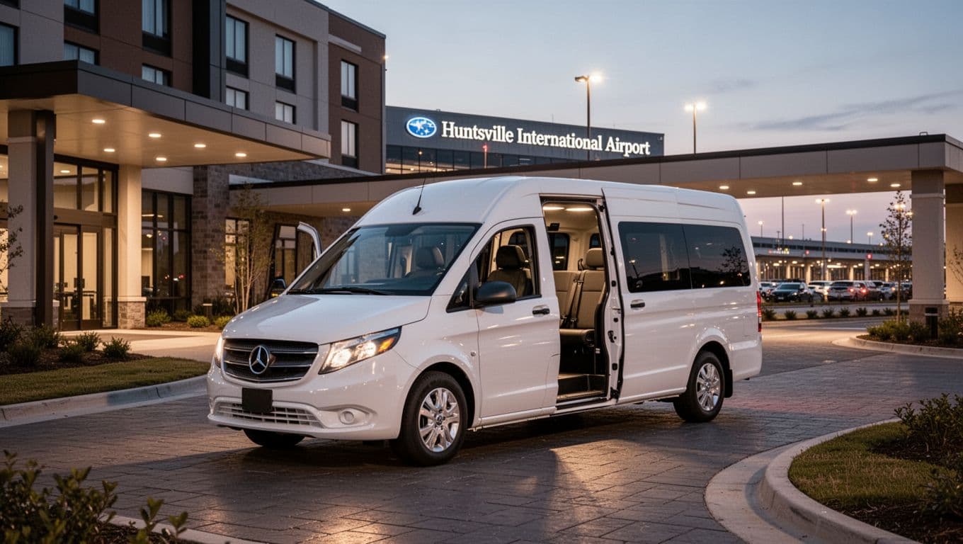 Clean white airport shuttle van with open door outside modern hotel entrance near Huntsville International Airport at dusk, terminal lights in background, prominent 'Free Shuttle' green headline band at top.
