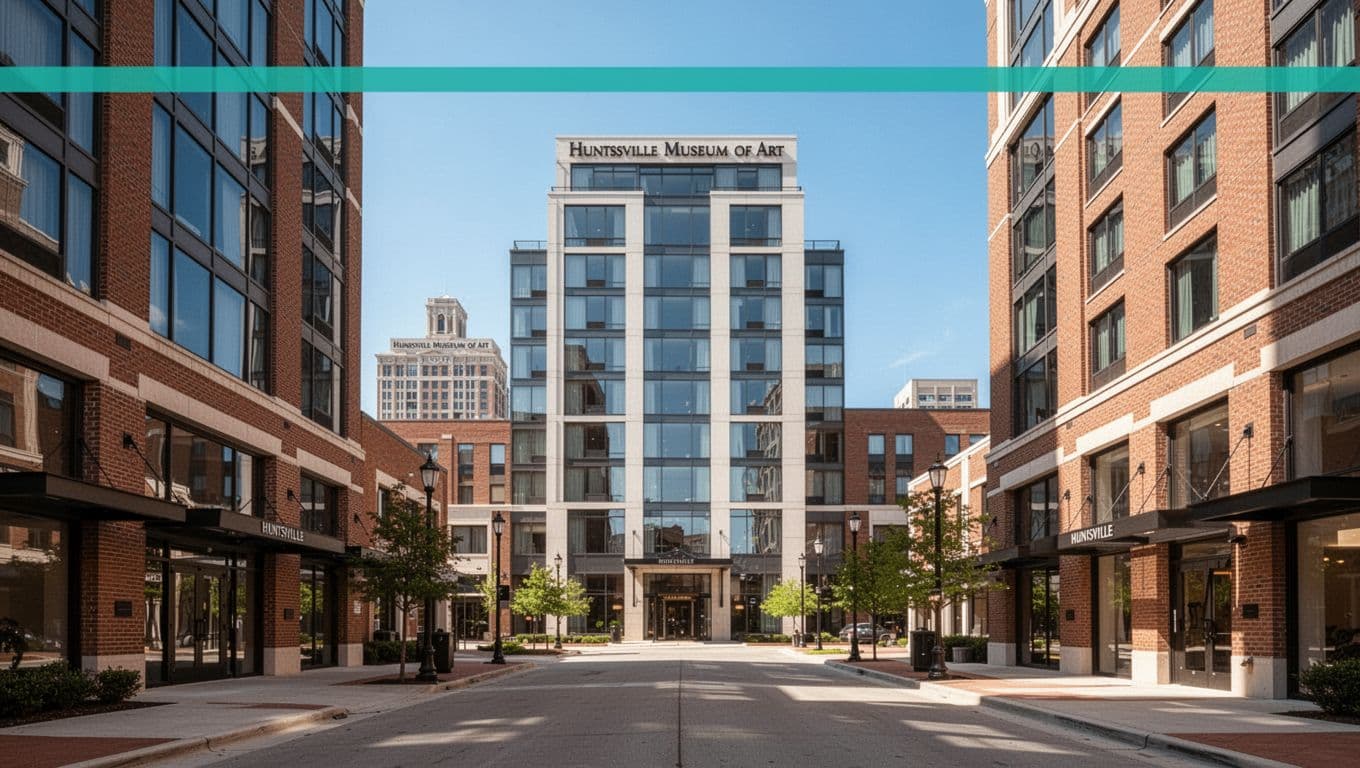 Photorealistic wide-angle street scene of downtown Huntsville, Alabama, with modern hotels in the foreground and the Huntsville Museum of Art visible in the near background under a clear daytime sky. Pedestrian-friendly sidewalks and bright natural sunlight highlight the close proximity, topped with a bold 'Downtown Gems' headline on a green band.