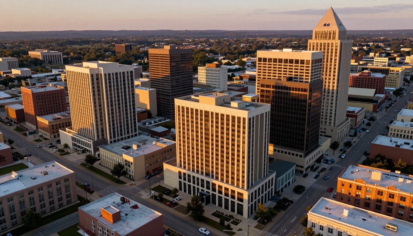 Aerial view of downtown Huntsville, Alabama skyline at dusk featuring modern hotels, historic buildings, and streets with cars below. Realistic photo style with warm golden hour lighting, high detail, wide landscape, no people.