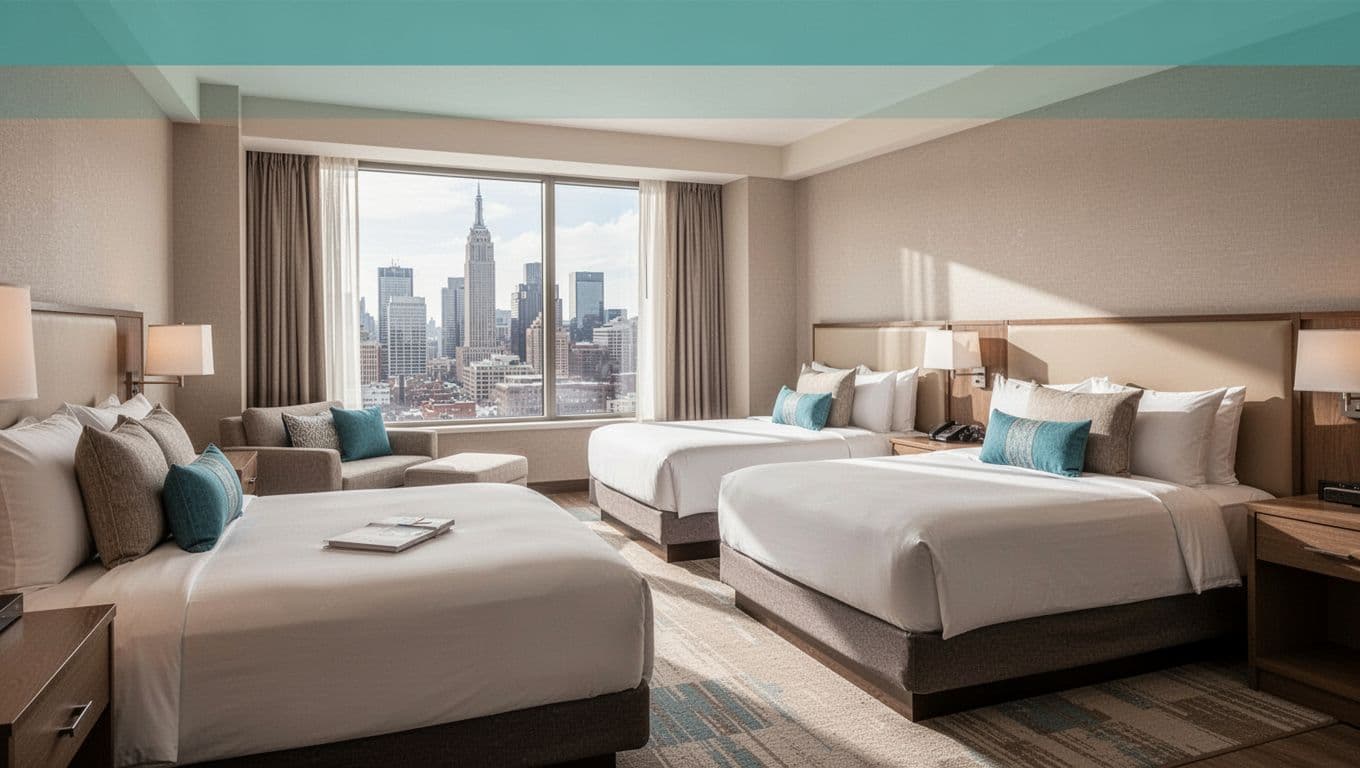 Cozy family room interior in a Huntsville hotel with two queen beds and king bed area, modern neutral tones, city skyline window view, and bright natural daylight. Features a top green banner with bold white 'Family Picks' headline, landscape composition, no people or extras.