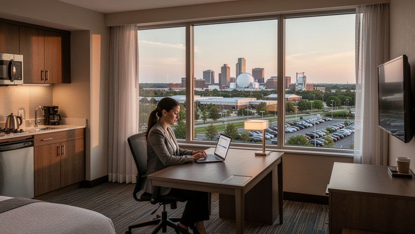Professional at desk in modern extended-stay hotel room overlooking Huntsville skyline and research park, with open laptop and kitchen corner visible in soft evening light.