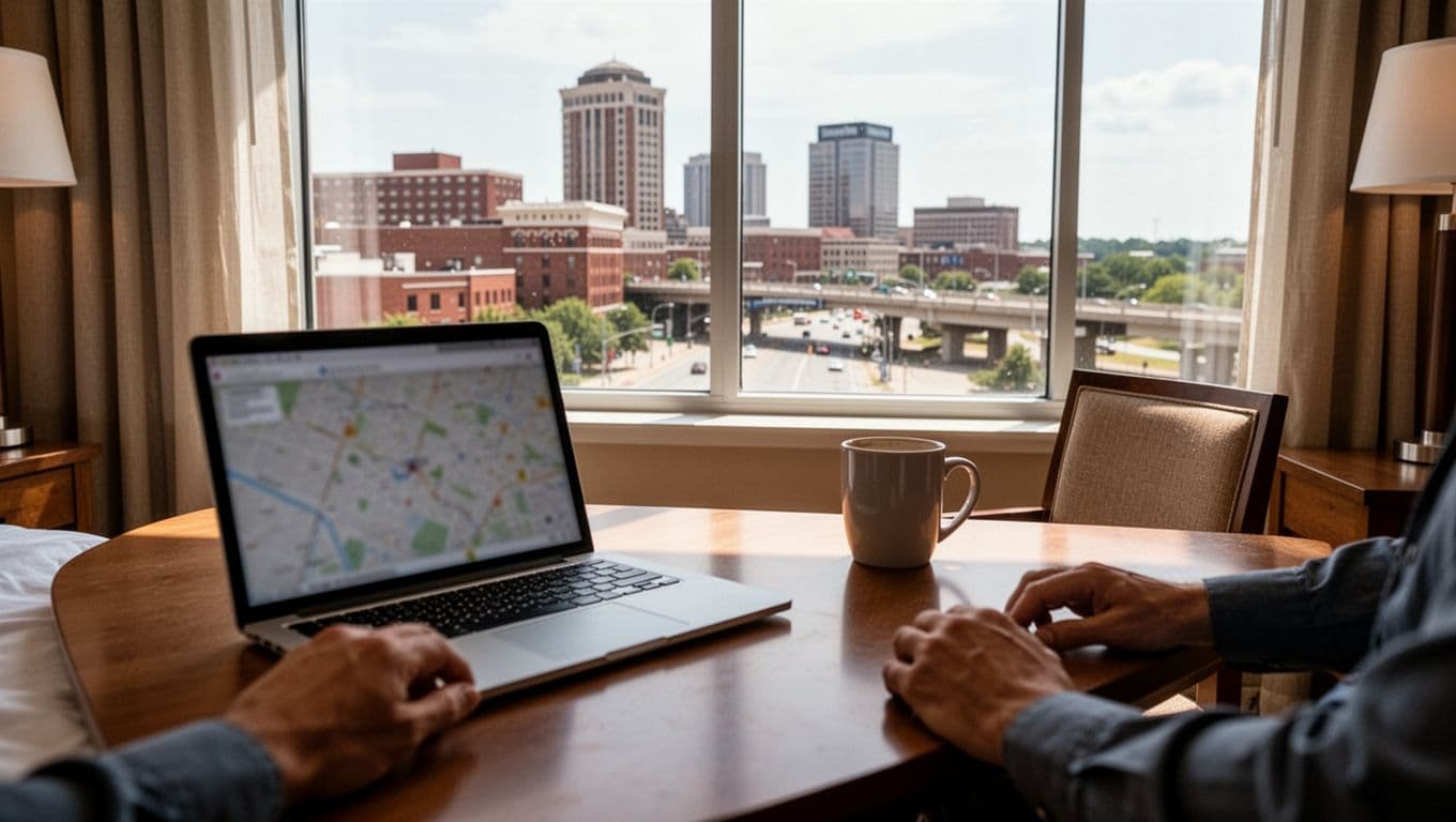 Table setup in a hotel room overlooking Huntsville skyline toward Bridge Street area, featuring an open laptop with blurred map to Orion Amphitheater, one coffee mug, and one chair, under natural indoor lighting in realistic photo style. Bold 'Compare Options' headline in green band across the top for key features comparison.