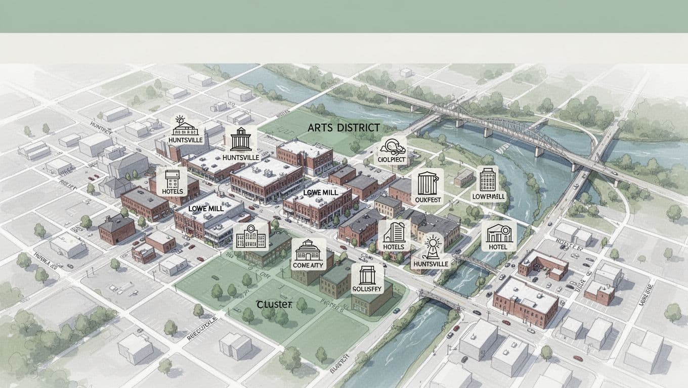 Editorial style vector map overview of Huntsville downtown highlighting Lowe Mill arts district and nearby hotels cluster, with river, bridges, green tones, and 'Best Area' header band.