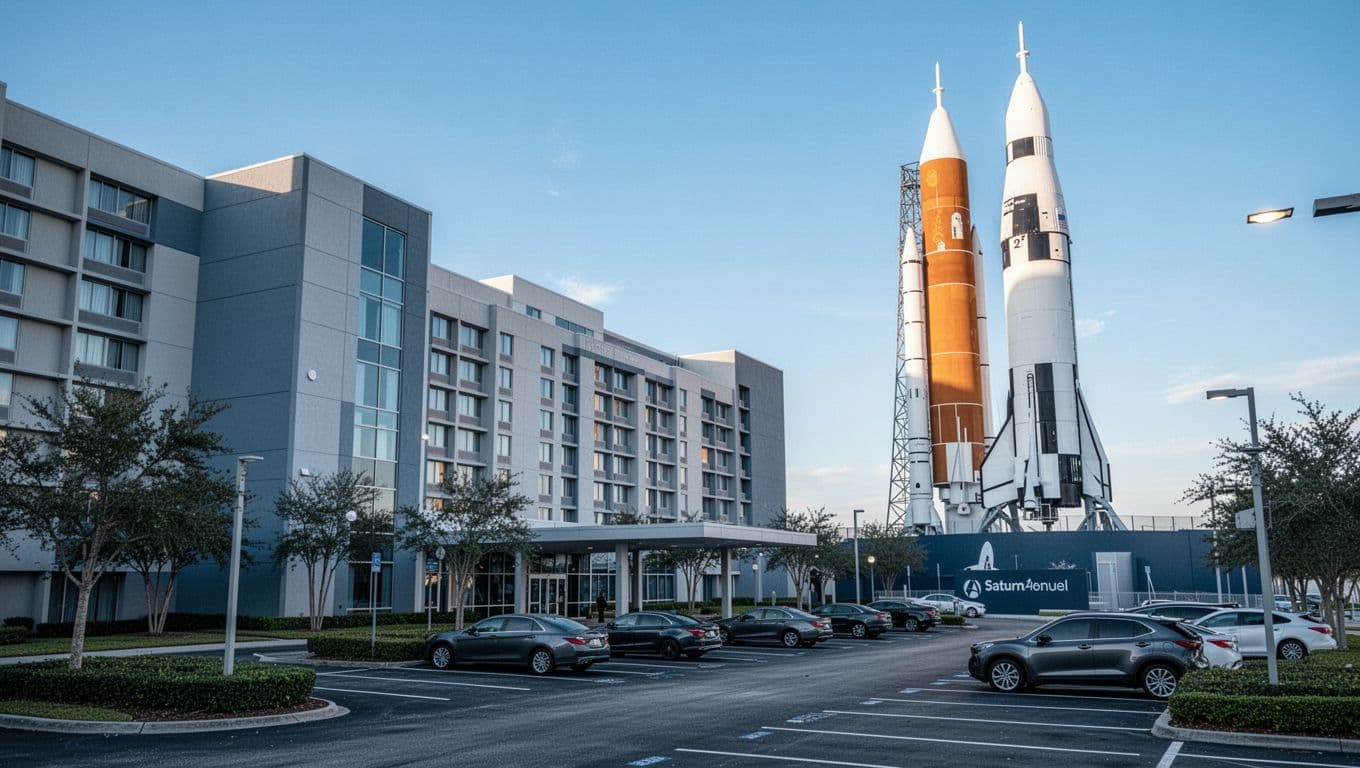 Photorealistic wide landscape of Huntsville Marriott hotel exterior adjacent to Saturn V rockets at U.S. Space & Rocket Center, clear blue sky, modern architecture, with bold 'Rocket Views' headline band at top.