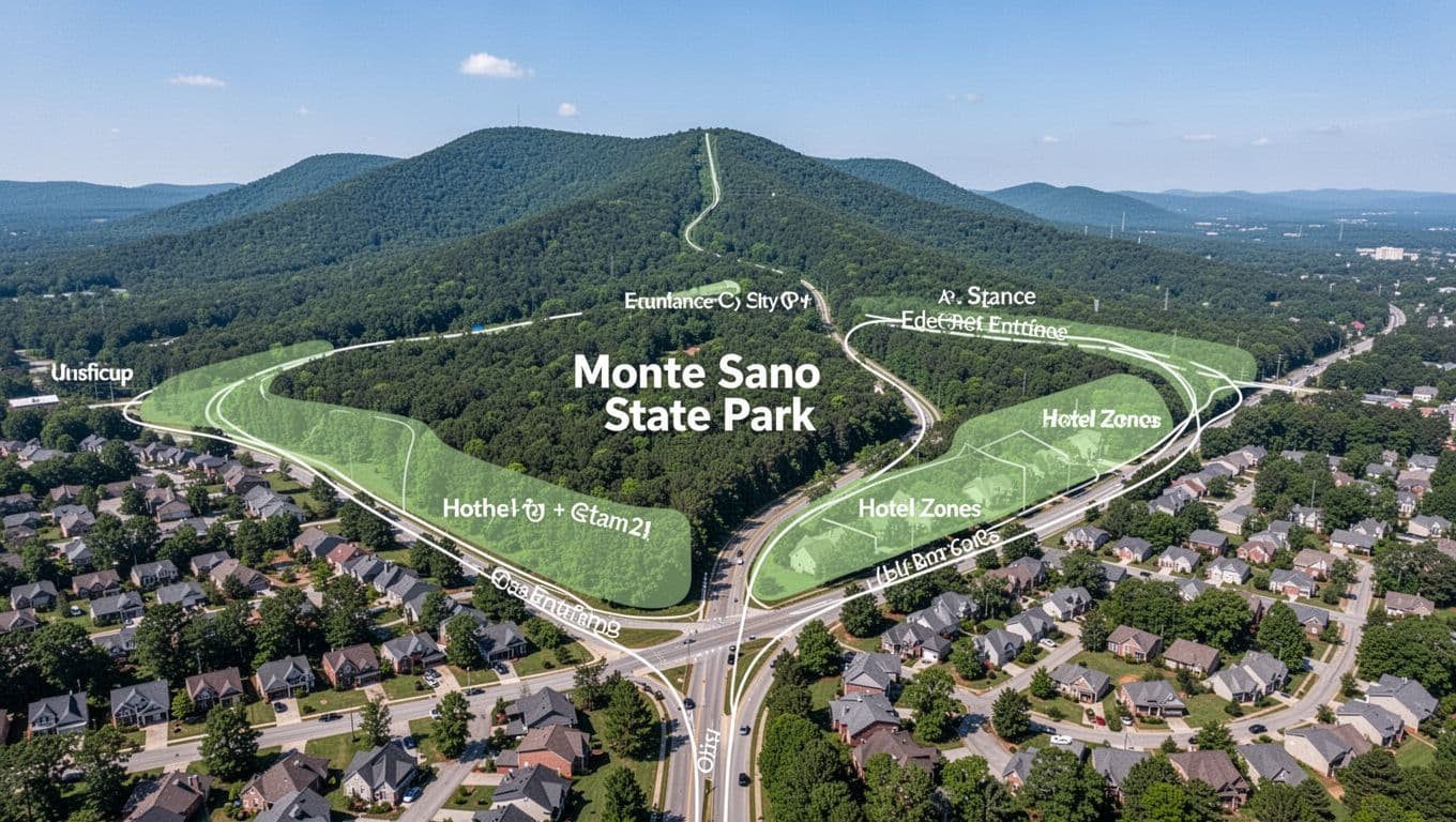 Aerial landscape view of Huntsville Alabama neighborhoods and hotel zones near Monte Sano State Park, featuring a lush green mountain backdrop and branded headline in a green band. Realistic photo style with bright daylight, no people or vehicles, emphasizing optimal stay locations balancing park and city access.