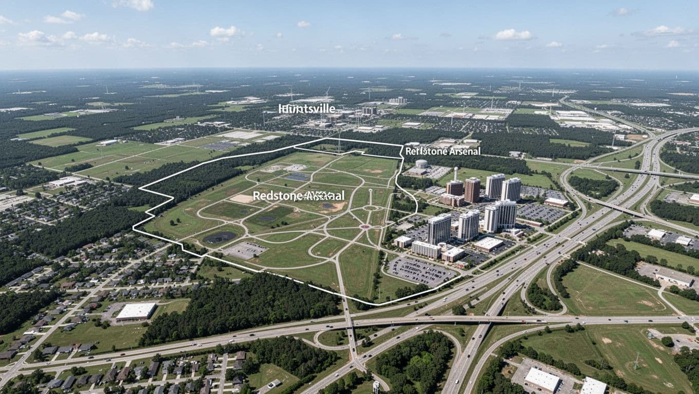 Aerial satellite-style map blending photo realism shows Huntsville area with subtle Redstone Arsenal vicinity marked by roads and nearby hotel clusters amid green spaces and highways under clear daytime sky.