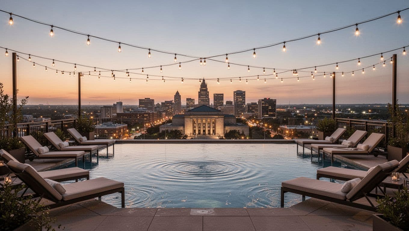 Luxurious rooftop terrace at a downtown Huntsville hotel at dusk, featuring an infinity pool with lounge chairs, string lights overhead, city lights, and distant museum silhouette in golden hour lighting with a relaxed, empty atmosphere.
