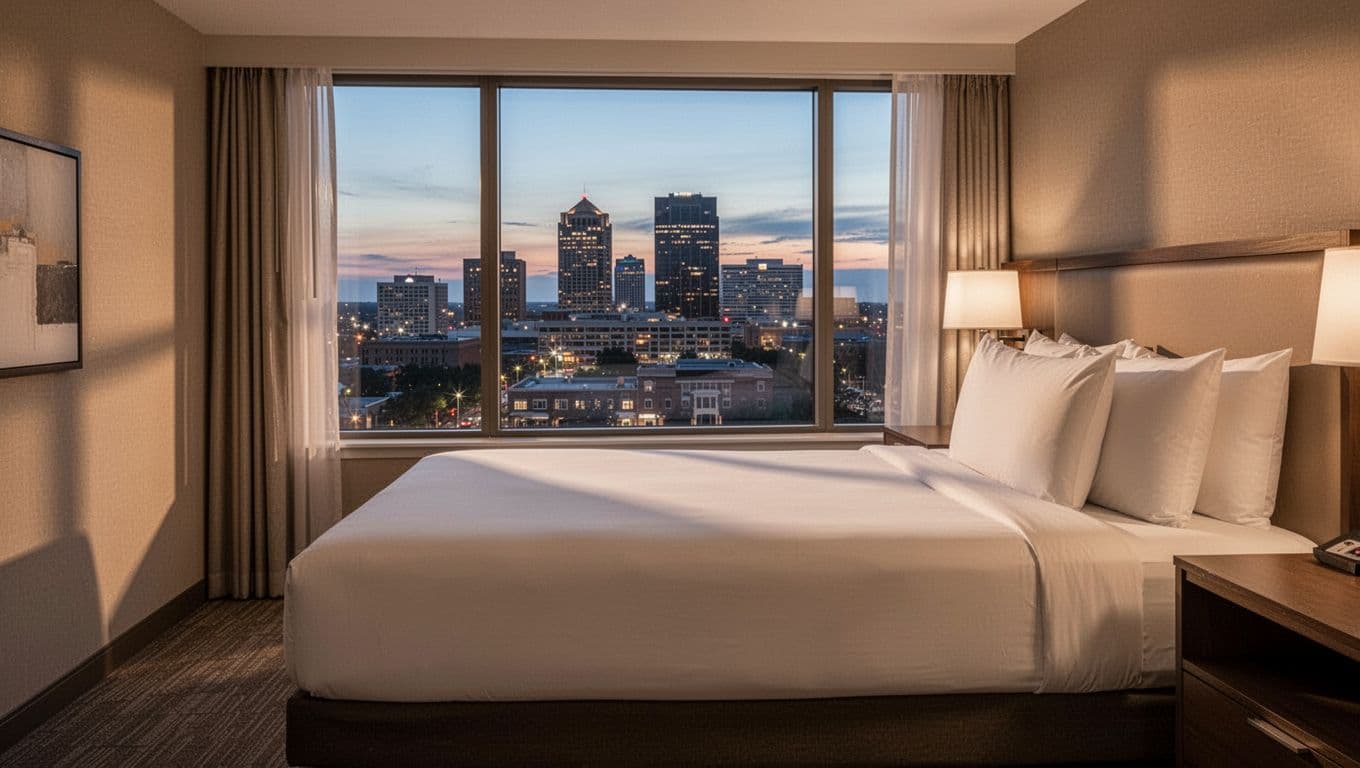 Clean modern hotel room interior featuring a king size bed in neutral tones with a window view of Huntsville cityscape at dusk, centered composition with bold 'Huntsville Stays' headline in green band at top.
