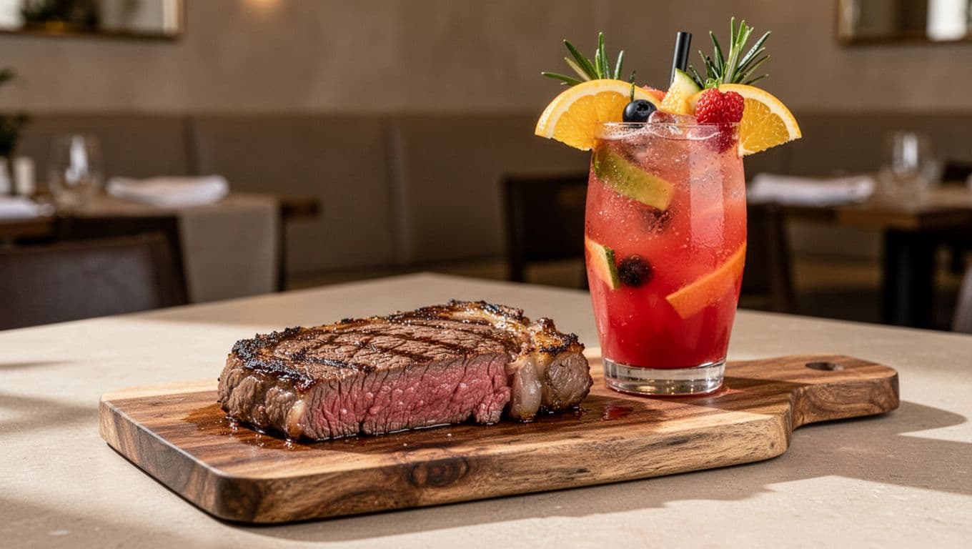 Five dishes—fusion sandwich, beer burger, seared scallops, prime steak, tiki cocktail—on wooden table under green 'Top Picks' banner.