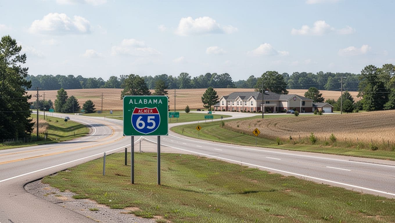Highway interchange with I-65 sign and suburban hotel nearby in Alabama countryside on a clear day. Wide landscape view in realistic photo style with bold 'Easy Access' headline on green band.