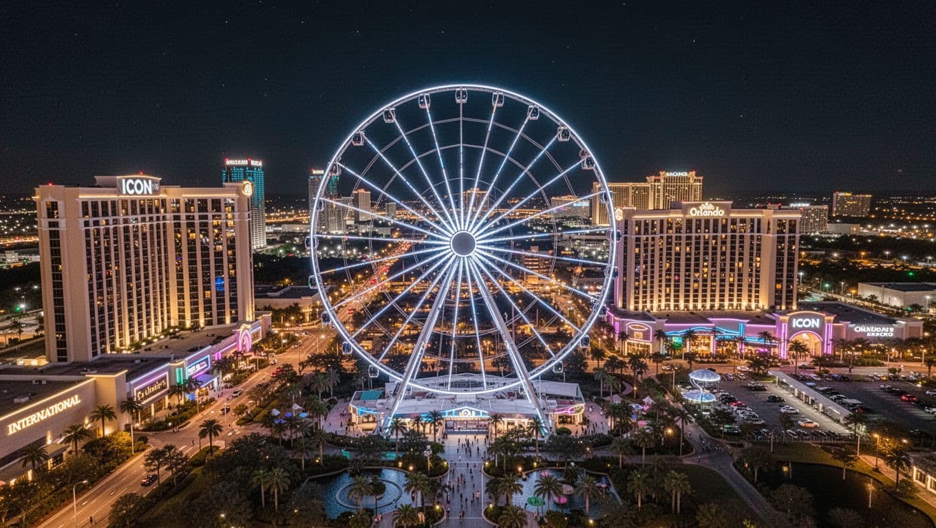Vibrant aerial landscape of ICON Park Orlando at night with the glowing Wheel, nearby hotels on International Drive, and bold 'ICON Park Stay' headline overlay.