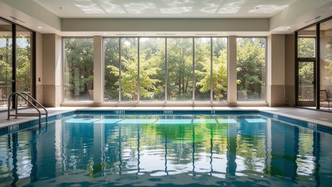 Bright indoor hotel pool lounge area featuring lounge chairs, large windows with Alabama greenery views, and natural daylight. Centered landscape composition highlights vibrant blue pool water reflections under a bold 'KEY AMENITIES' headline in high-contrast green band.