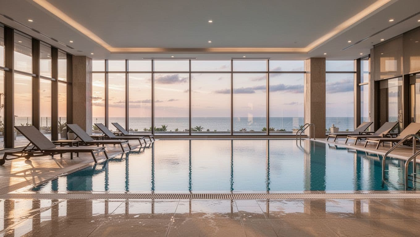 Empty indoor hotel pool with lounge chairs, tiled floors, large windows showing evening sky, green top band with 'Pool Relax' headline.