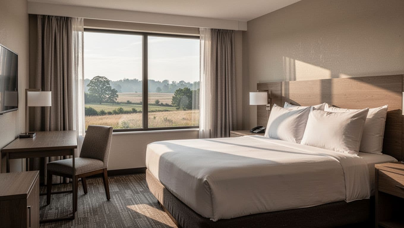 Modern Irondale-style hotel room interior featuring a clean bed with pillows, desk, chair, and window view of Alabama landscape in soft morning light. Realistic, no people or devices, branded with bold 'Top Picks' headline on green band.