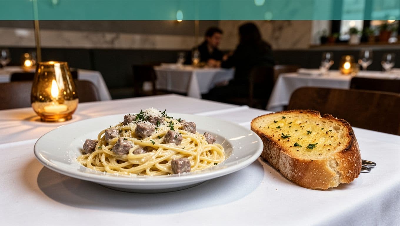 Green top band with 'Italian Bistro' headline above centered pasta carbonara and garlic bread on white tablecloth in modern bistro with blurred solo diner.