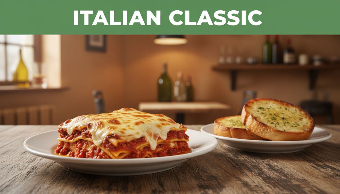 Plate of baked lasagna with melted cheese and side garlic bread on rustic wooden table in Italian restaurant, green 'Italian Classic' headline band at top.