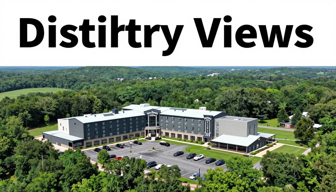 Aerial view of Jack Daniel's Distillery in Lynchburg, Tennessee, surrounded by green hills, featuring a modern hotel with parking lot in the foreground under a clear daytime sky. Includes a green headline band at the top with 'Distillery Views' text.