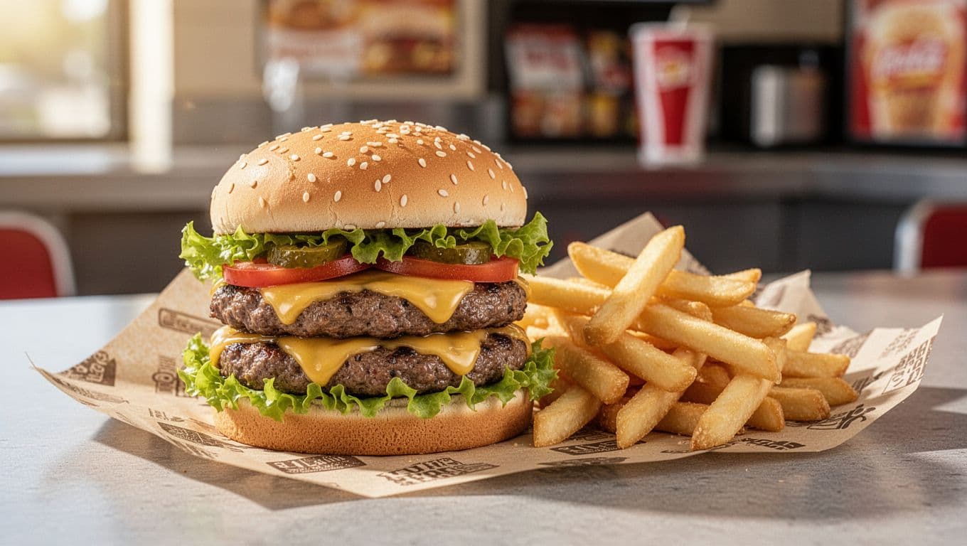 Double cheeseburger with lettuce, tomato, pickle on sesame bun beside fries on wax paper, under green 'Jack's Burger' header band on blurred fast food counter.