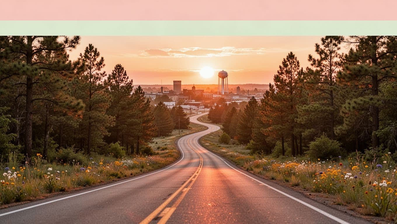 Winding rural road through pine forests and wildflowers in Clarke County, Alabama near Jackson, leading to a distant small town skyline with water tower under warm golden hour sunset glow. Photorealistic composition with bold 'Jackson Area' headline on edge-to-edge green color band near top.