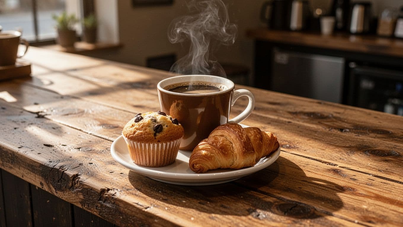 Steaming coffee cup with pastries and muffin on saucer atop wooden counter below green Jamokas Coffee header band.
