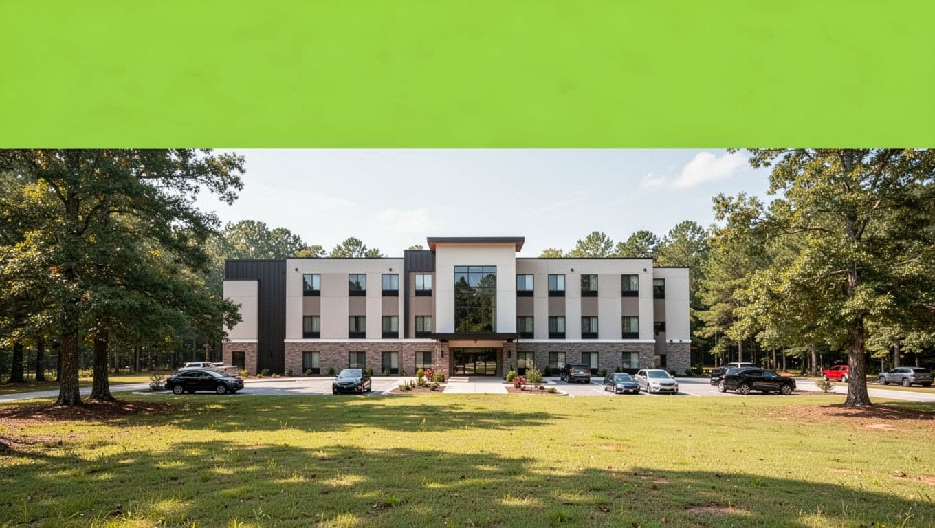 Modern hotel exterior near Jasper in rural Alabama, featuring clean lines, American flag at entrance, parked cars in lot, surrounded by green grass and trees under bright daylight, with branded top band headline 'Jasper Hotels'.