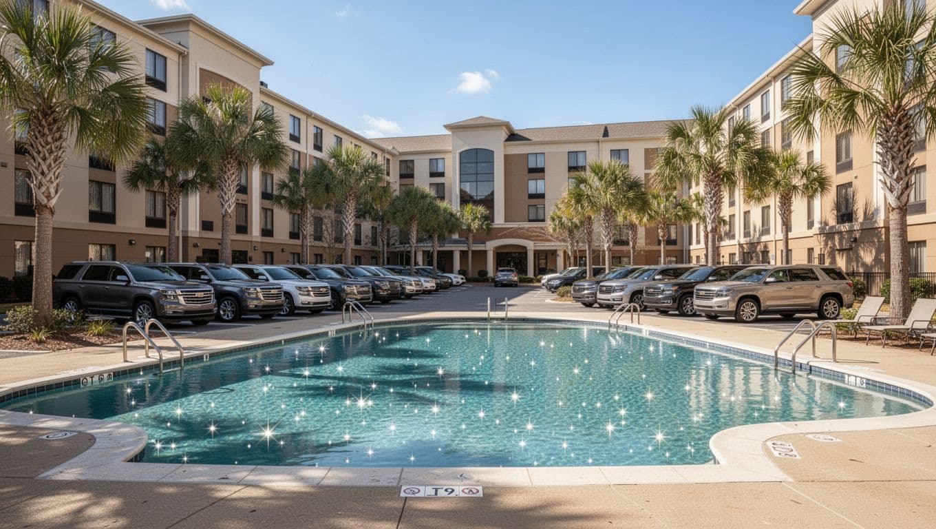 Bright outdoor hotel amenities scene in Jefferson County, Alabama, showcasing sparkling pool with lounge chairs, empty parking lot with SUVs, and entrance sign under clear blue sky.
