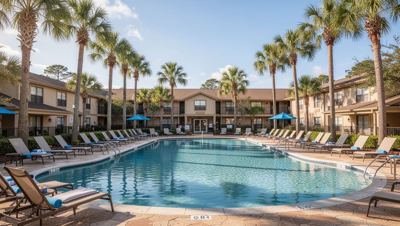 Poolside at a family hotel in Jefferson County, Alabama, with lounge chairs, palm trees, and calm water surface in wide-angle composition under sunny afternoon light with vibrant colors.