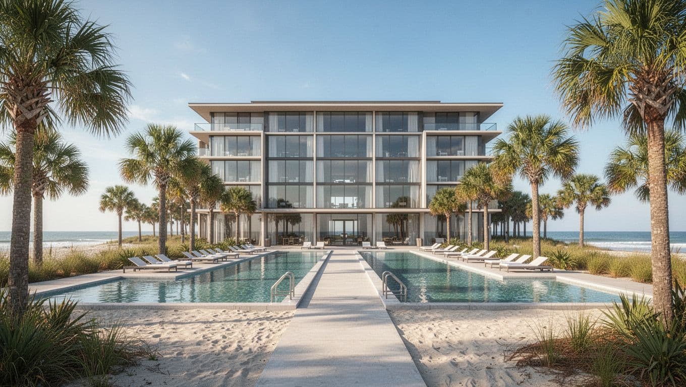 Modern beachfront hotel exterior on Jekyll Island featuring pool area and beach path under clear blue skies in a tropical setting, photorealistic style with soft daylight and no people. Bold 'Beachfront Picks' headline in green geometric sans-serif on a top band.