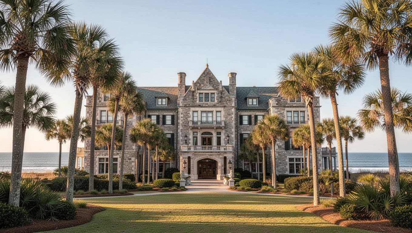 Grand entrance facade of a historic luxury resort hotel on Jekyll Island with palm trees and ocean view in sunny daytime, realistic photo style with warm natural lighting and bold 'Luxury Stays' headline on green band.