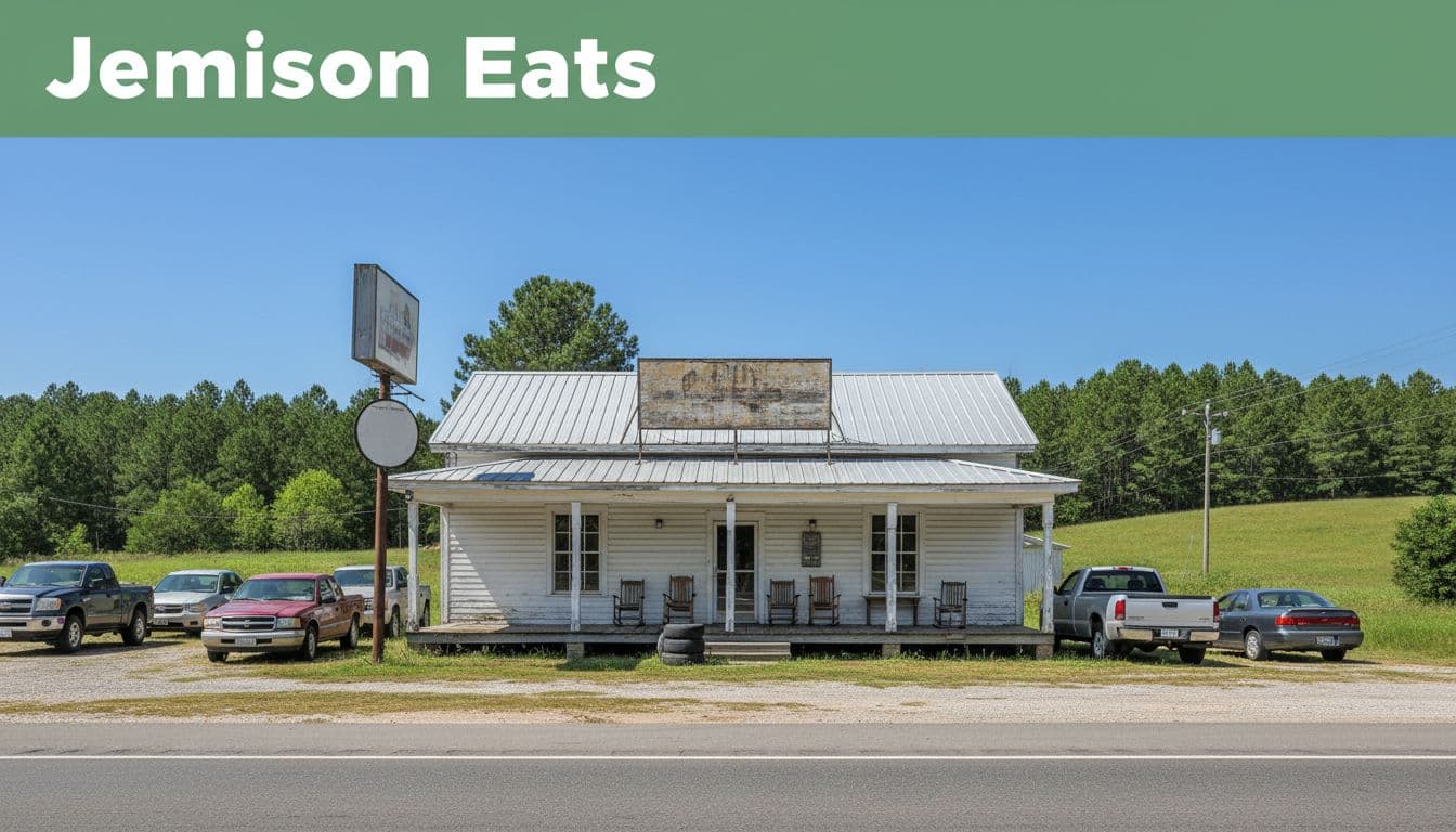 Wide shot of small Southern restaurant on rural Alabama highway with parked cars and green Jemison Eats header band.