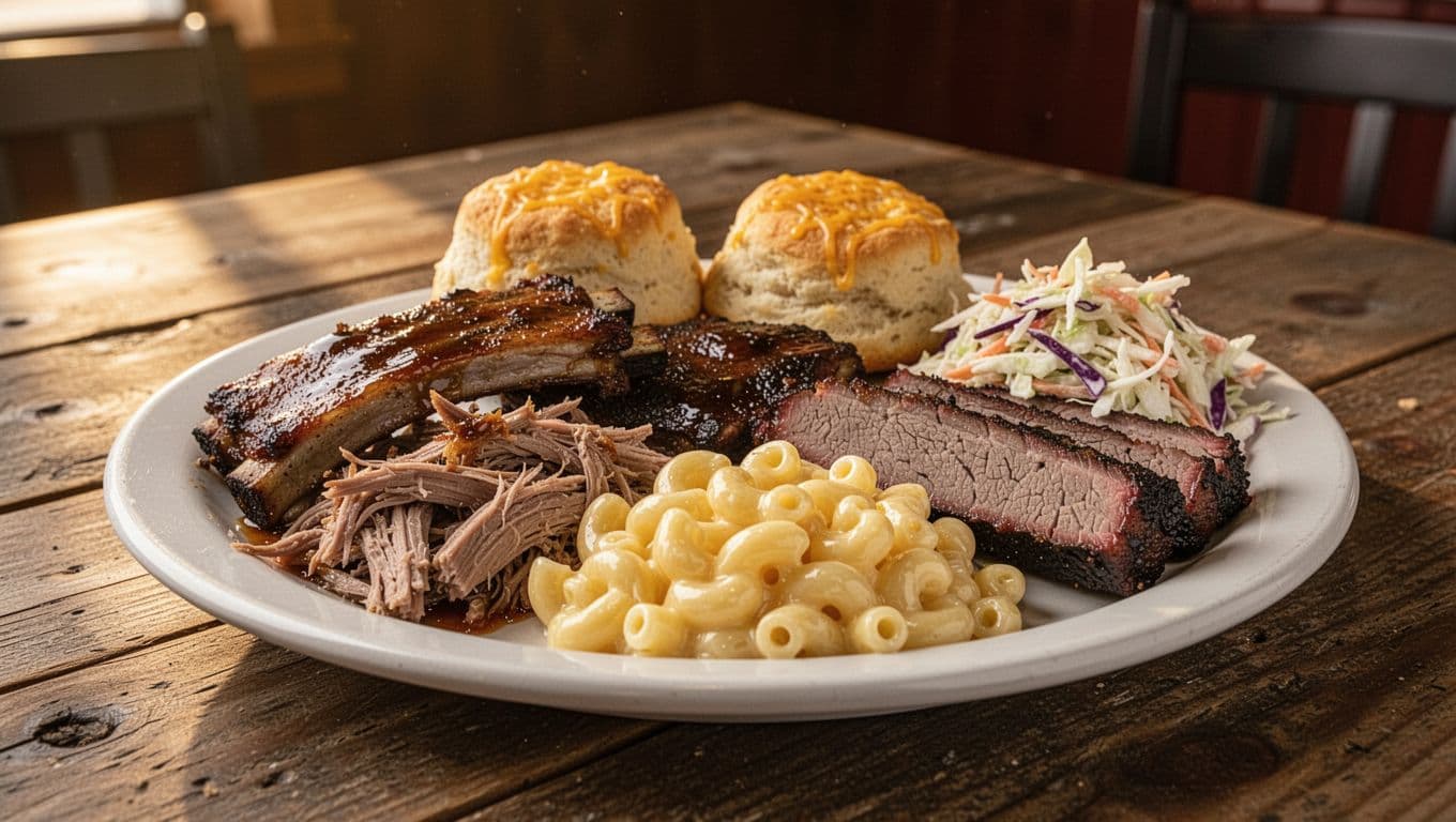 Plate of pulled pork, BBQ ribs, brisket, cheddar biscuits, mac and cheese, slaw on wooden table under green TOP PICK BBQ band.
