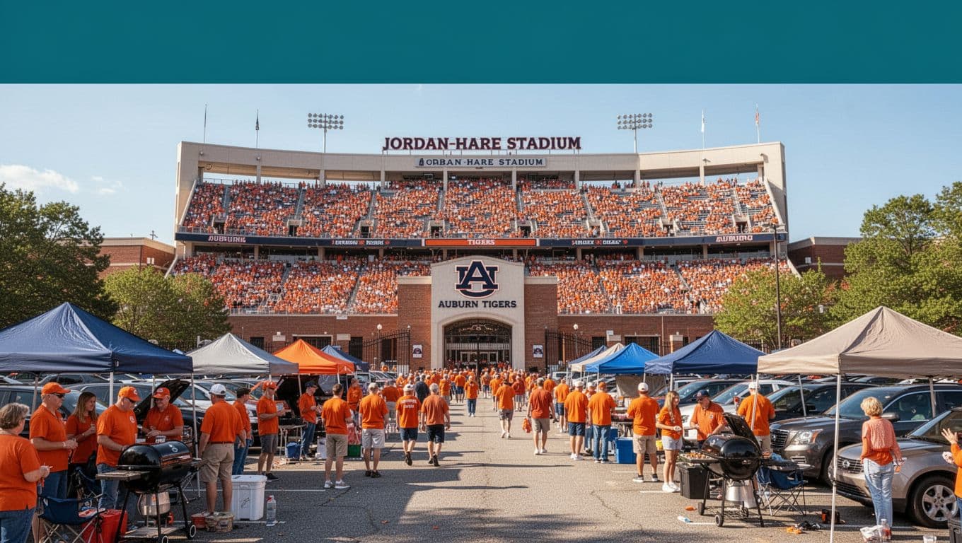 Jordan-Hare Stadium exterior on a sunny Auburn Tigers game day afternoon, featuring orange-clad fans tailgating with tents and grills in the foreground parking lot, packed stadium stands and entrance gates in the background, under vibrant blue skies.