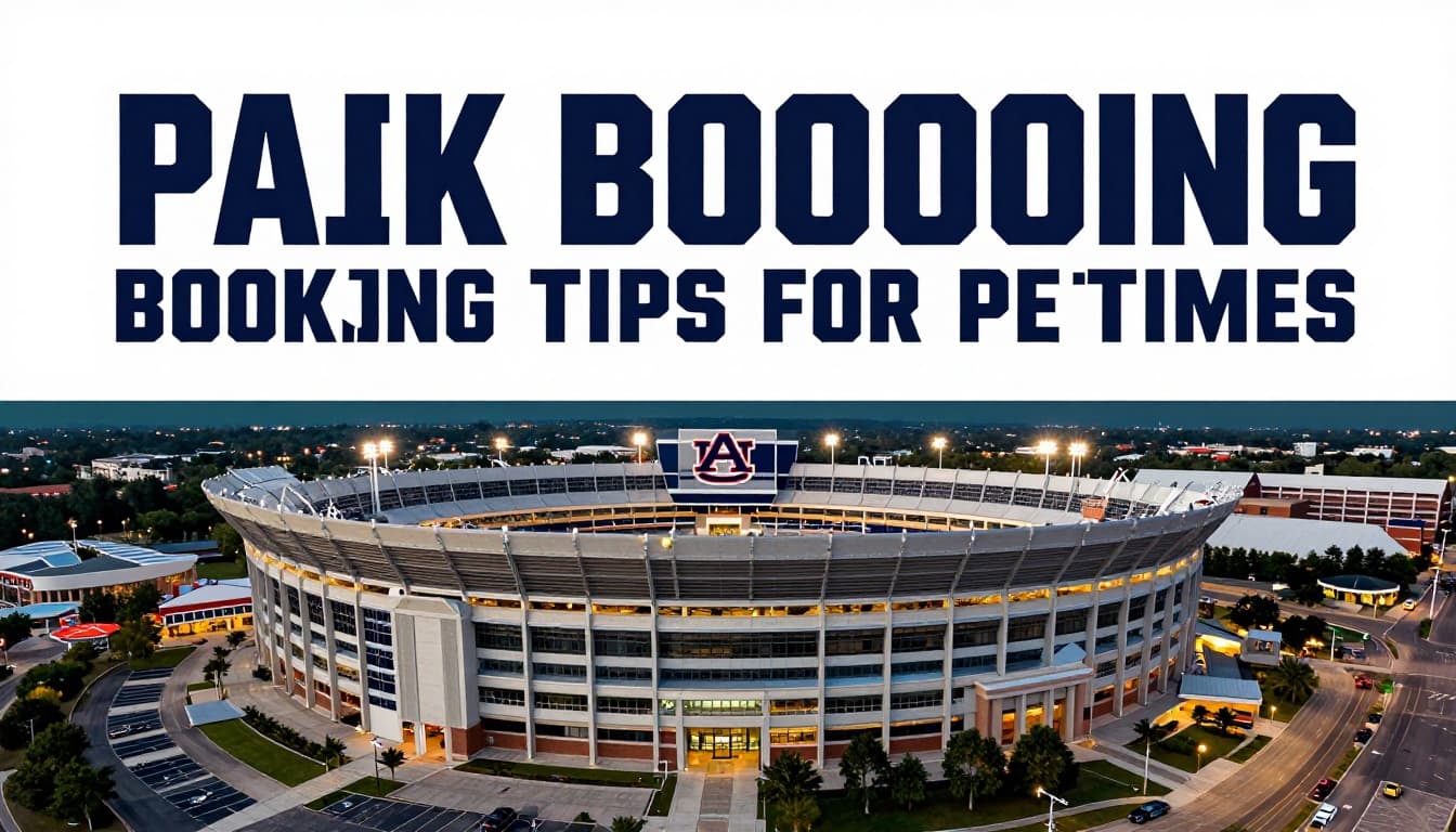 Aerial wide shot of Jordan-Hare Stadium exterior at dusk with lights on, Auburn University colors visible, and nearby parking lot empty, in realistic photo style to visualize peak event season booking.