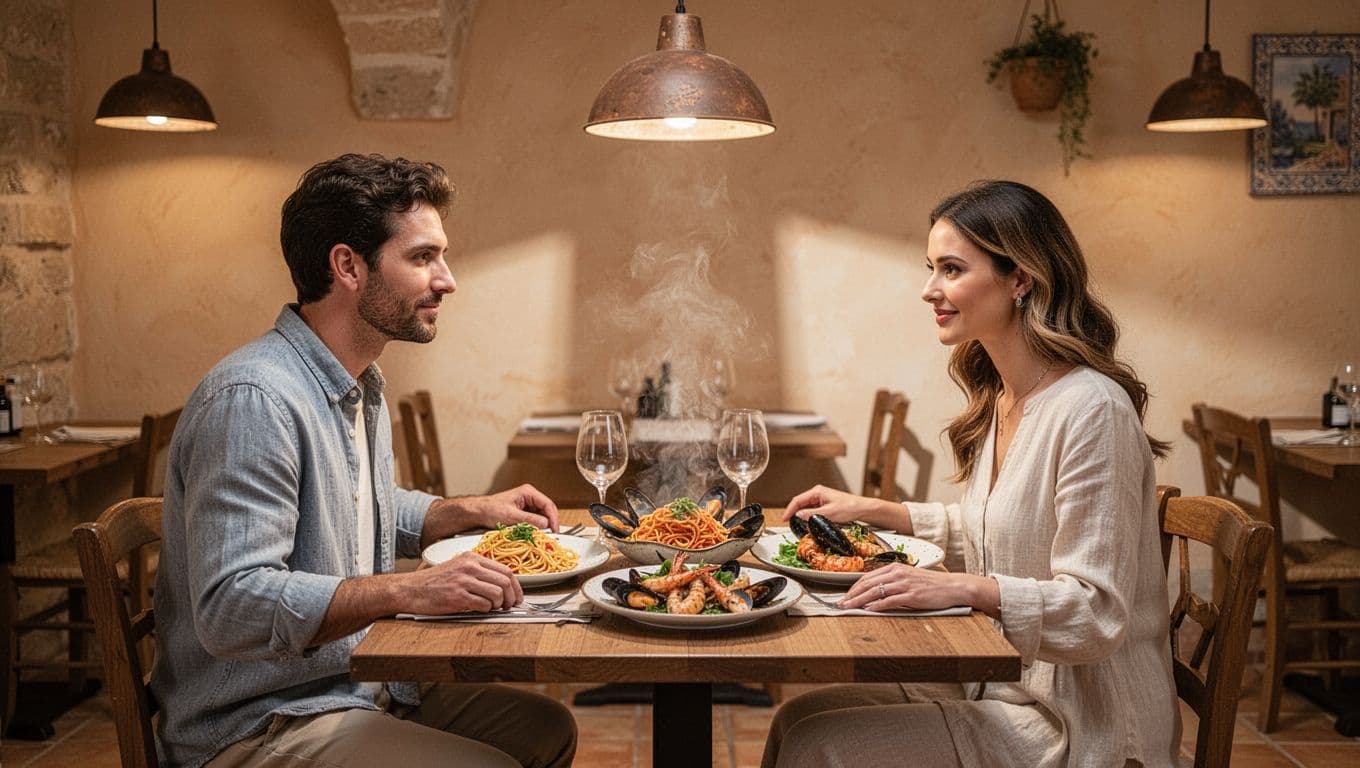 Cozy Mediterranean restaurant interior with couple at table of pasta and seafood under warm lights, green 'Joseph's Table' header band at top.