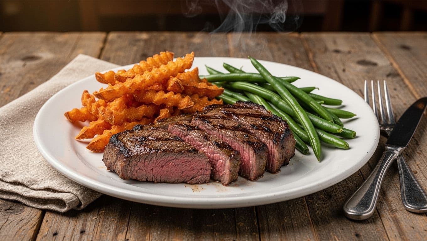 Sliced grilled ribeye steak with pink center, piled crinkle-cut sweet potato fries, and steamed green beans on white plate under green JR's Steakhouse header band.