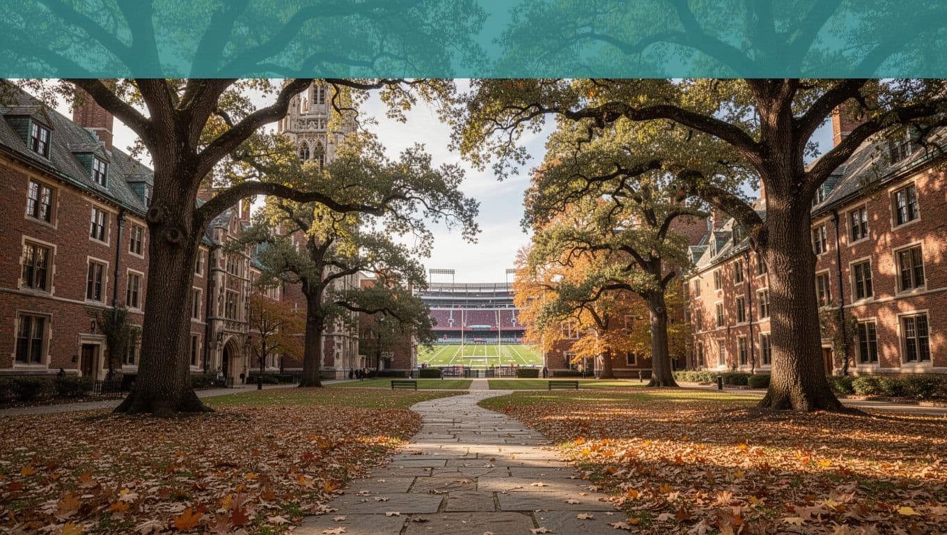 Serene university campus quad with historic buildings, oak trees, autumn leaves, and pathway to distant football stadium in warm sunlight, photorealistic style.